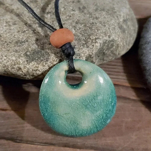 Chaozhou Porcelain Blue Pendant Terra Cotta Cotton Necklace - Picture 2 of 6